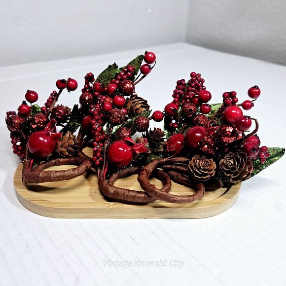Vtg Pines Berries Twing Cranberry Pinecone Leafs 5 Napking Candle Rings Handmade - Picture 12 of 13